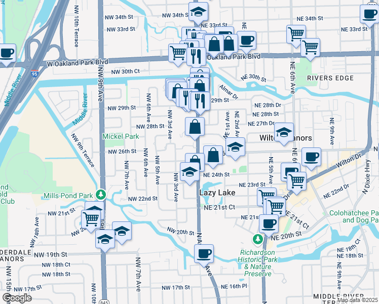 map of restaurants, bars, coffee shops, grocery stores, and more near 2645 North Andrews Avenue in Wilton Manors