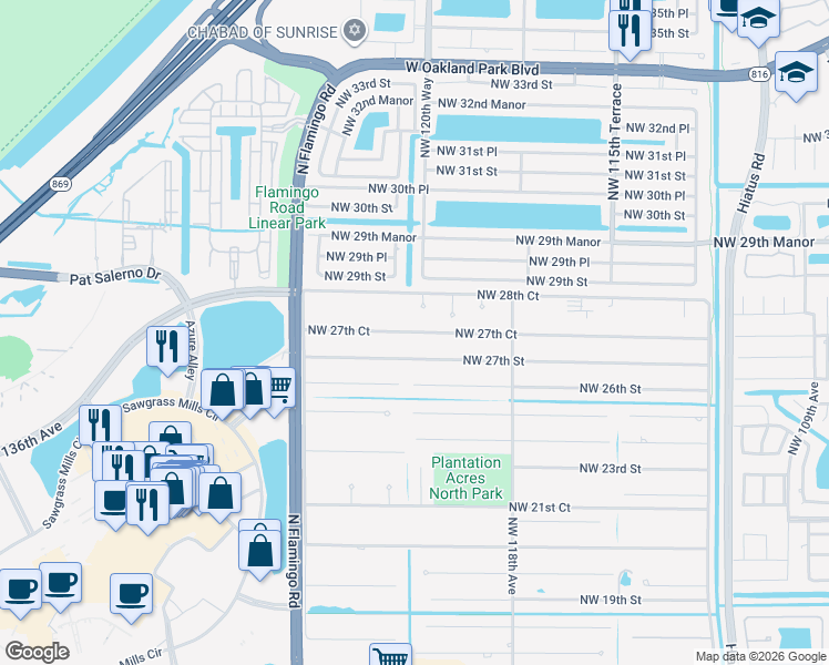 map of restaurants, bars, coffee shops, grocery stores, and more near 2801 Northwest 121st Avenue in Sunrise