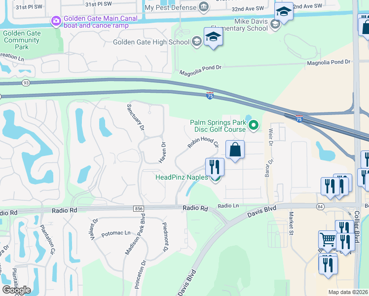 map of restaurants, bars, coffee shops, grocery stores, and more near 416 Valerie Way in Naples