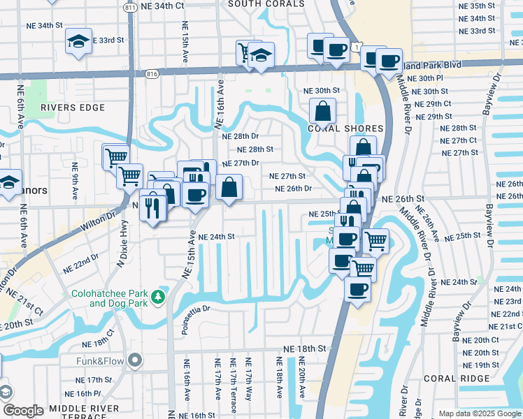 map of restaurants, bars, coffee shops, grocery stores, and more near 1749 Northeast 26th Street in Wilton Manors