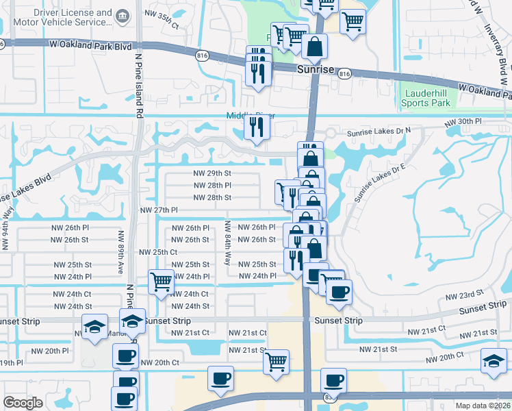map of restaurants, bars, coffee shops, grocery stores, and more near 8371 Northwest 28th Street in Sunrise