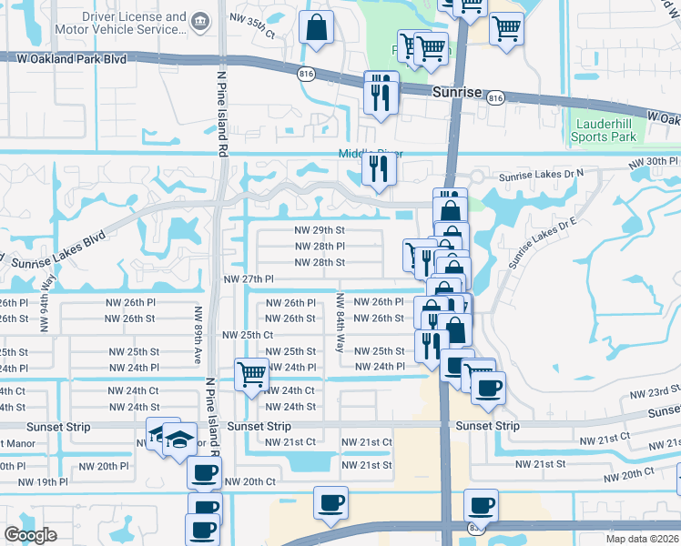 map of restaurants, bars, coffee shops, grocery stores, and more near 8451 Northwest 28th Street in Sunrise