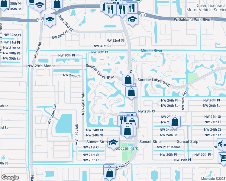 map of restaurants, bars, coffee shops, grocery stores, and more near 10130 Sunrise Lakes Boulevard in Sunrise