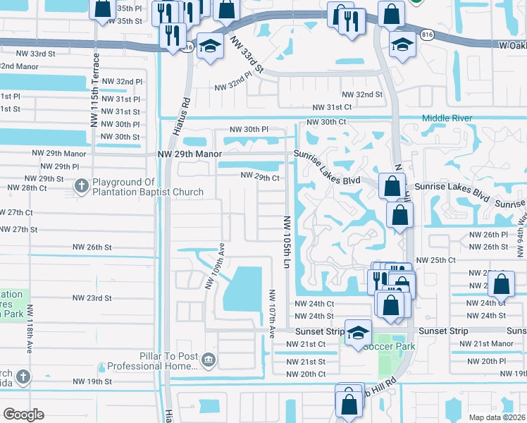 map of restaurants, bars, coffee shops, grocery stores, and more near 10701 Northwest 28th Place in Sunrise