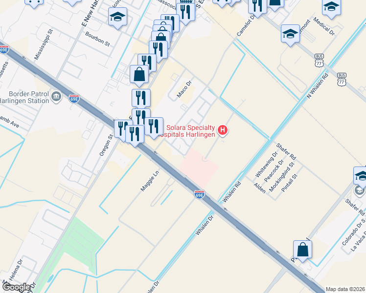 map of restaurants, bars, coffee shops, grocery stores, and more near 6073 Merlin Way in Harlingen