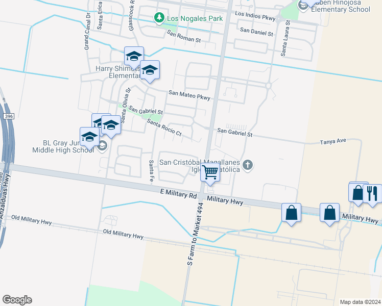 map of restaurants, bars, coffee shops, grocery stores, and more near 3411 San Angelo in Mission