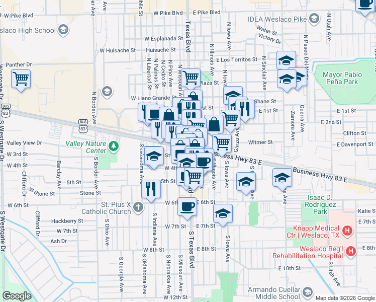map of restaurants, bars, coffee shops, grocery stores, and more near in Weslaco