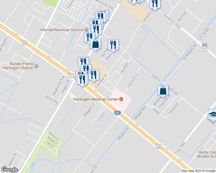 map of restaurants, bars, coffee shops, grocery stores, and more near 6086 Percival Place in Harlingen