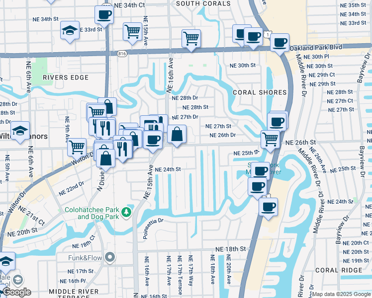 map of restaurants, bars, coffee shops, grocery stores, and more near 1700 Northeast 26th Street in Wilton Manors