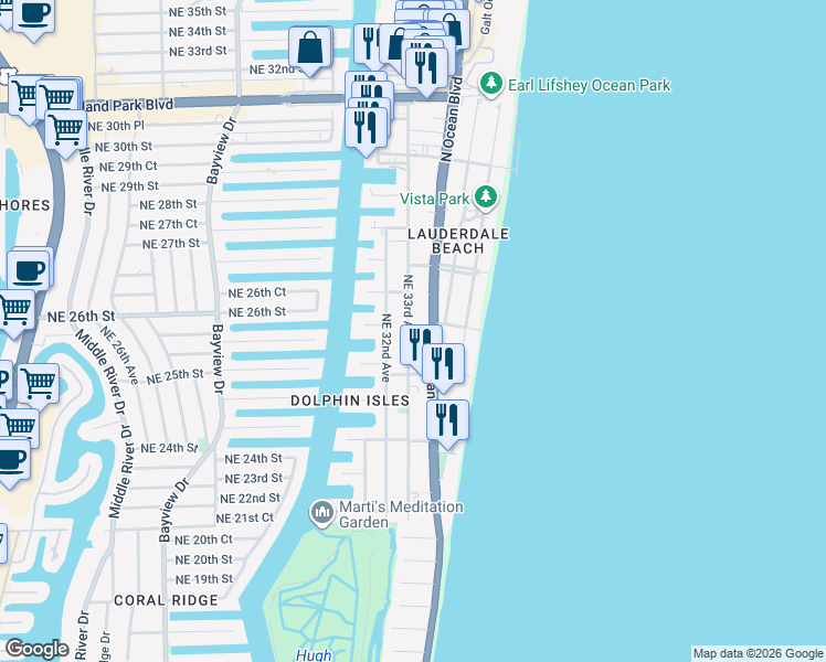 map of restaurants, bars, coffee shops, grocery stores, and more near 2509 Florida A1A in Fort Lauderdale