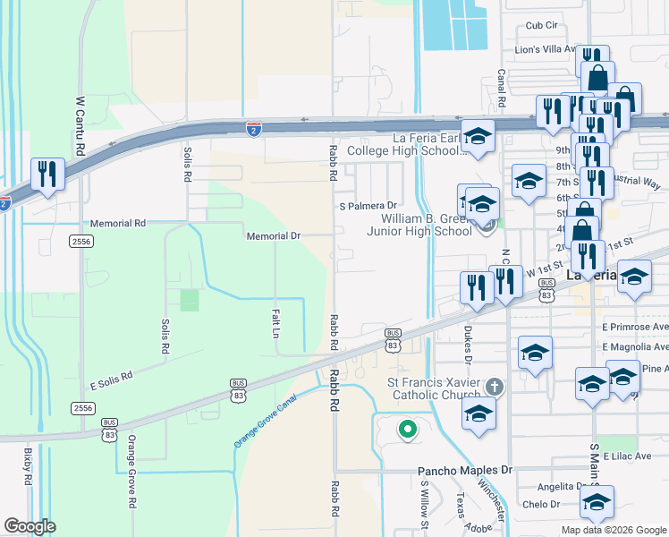 map of restaurants, bars, coffee shops, grocery stores, and more near 27469 Rabb Rd in La Feria