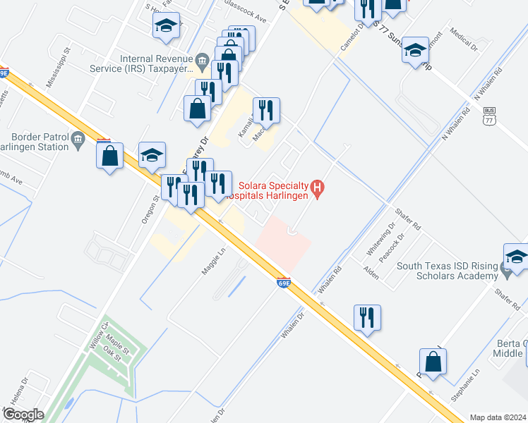 map of restaurants, bars, coffee shops, grocery stores, and more near 6091 Merlin Way in Harlingen