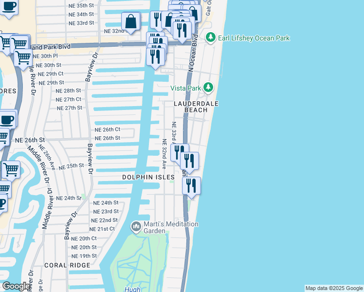 map of restaurants, bars, coffee shops, grocery stores, and more near 2509 Florida A1A in Fort Lauderdale