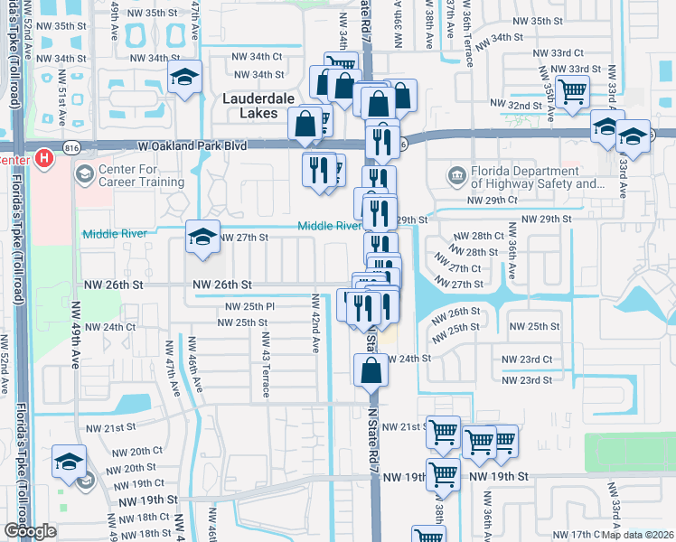 map of restaurants, bars, coffee shops, grocery stores, and more near 4161 Northwest 26th Street in Lauderhill