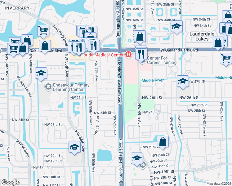 map of restaurants, bars, coffee shops, grocery stores, and more near 2606 Northwest 52nd Avenue in Lauderhill