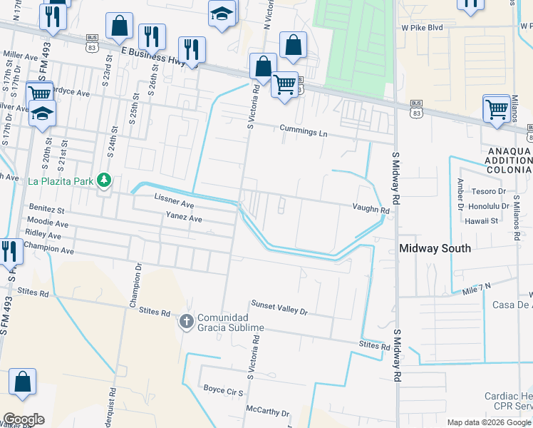 map of restaurants, bars, coffee shops, grocery stores, and more near 3203 Vaughn Road in Donna