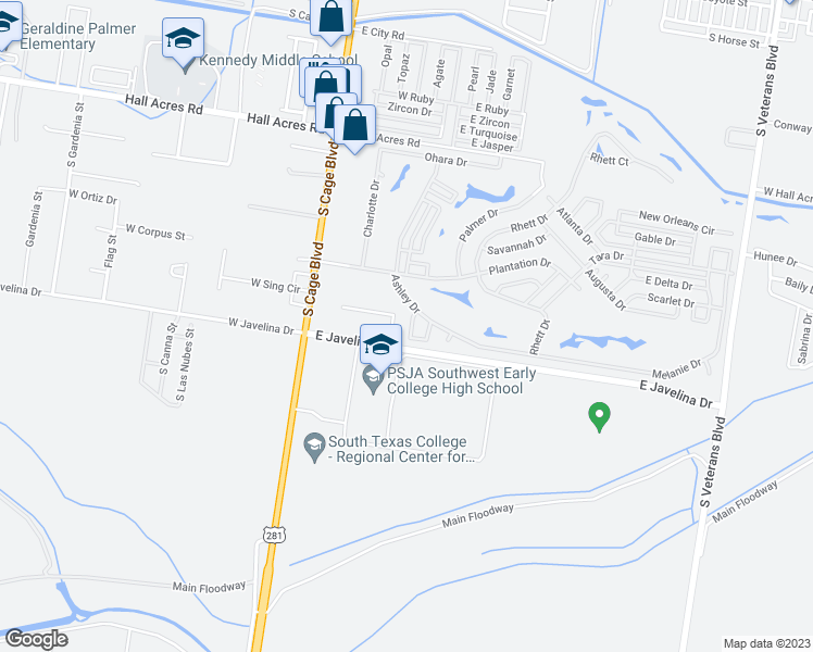map of restaurants, bars, coffee shops, grocery stores, and more near 3018 Ashley Place in Pharr