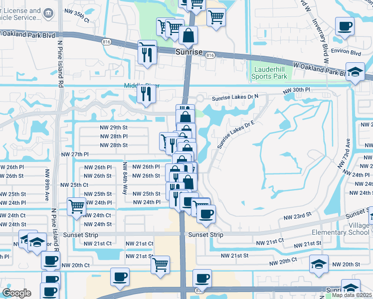 map of restaurants, bars, coffee shops, grocery stores, and more near North University Drive in Sunrise