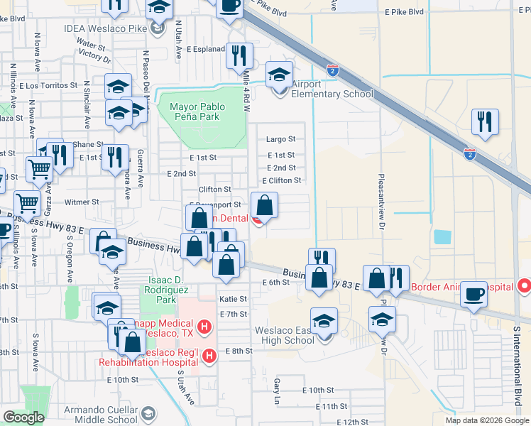 map of restaurants, bars, coffee shops, grocery stores, and more near 300-398 South Airport Drive in Weslaco