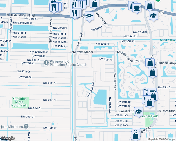map of restaurants, bars, coffee shops, grocery stores, and more near 2801 Northwest 109th Avenue in Sunrise
