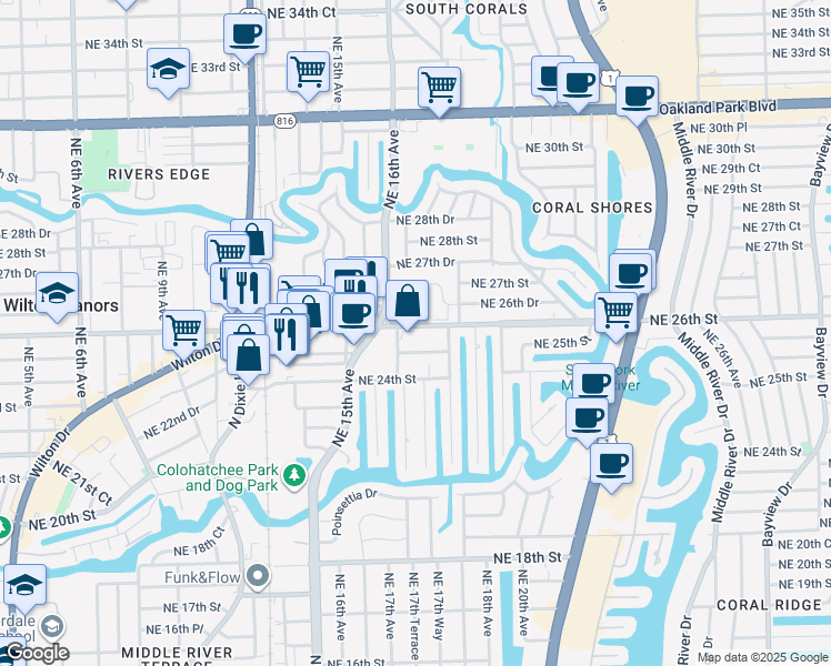 map of restaurants, bars, coffee shops, grocery stores, and more near 1639 Northeast 26th Street in Wilton Manors