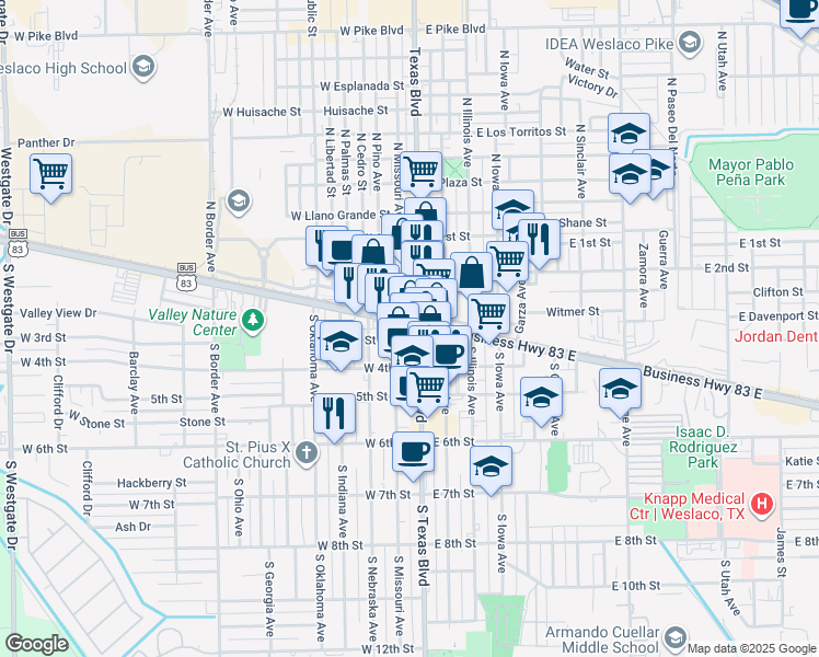 map of restaurants, bars, coffee shops, grocery stores, and more near 109 West Business 83 in Weslaco