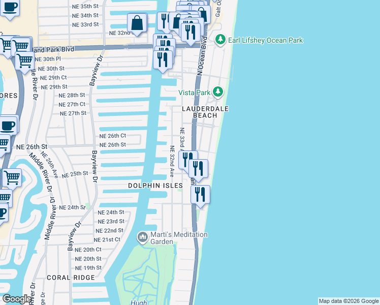 map of restaurants, bars, coffee shops, grocery stores, and more near 2509 Florida A1A in Fort Lauderdale