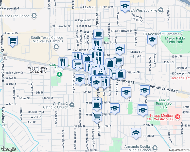 map of restaurants, bars, coffee shops, grocery stores, and more near 260 South Texas Boulevard in Weslaco