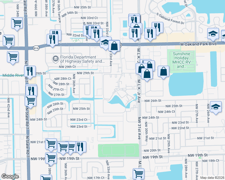 map of restaurants, bars, coffee shops, grocery stores, and more near 2801 Somerset Drive in Lauderdale Lakes