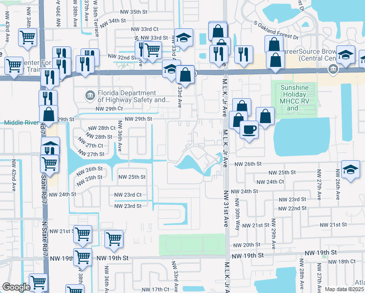 map of restaurants, bars, coffee shops, grocery stores, and more near 2851 Somerset Drive in Lauderdale Lakes
