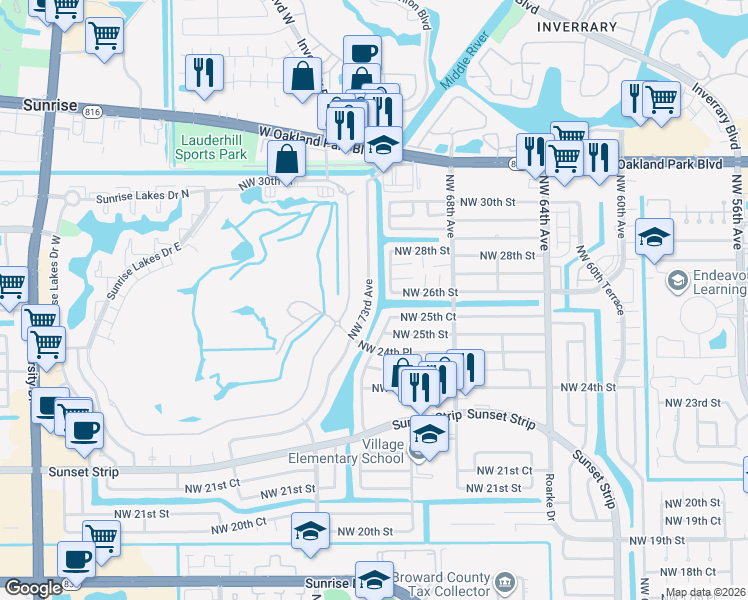 map of restaurants, bars, coffee shops, grocery stores, and more near 2616 Northwest 73rd Avenue in Sunrise