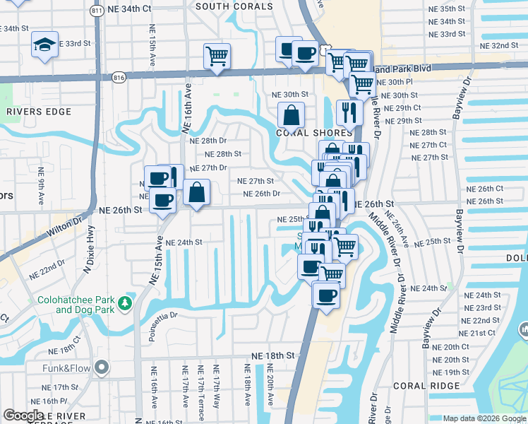 map of restaurants, bars, coffee shops, grocery stores, and more near 1908 Northeast 26th Street in Wilton Manors