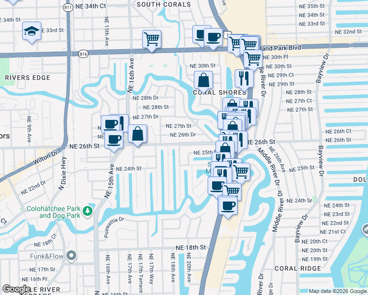 map of restaurants, bars, coffee shops, grocery stores, and more near 1908 Northeast 26th Street in Wilton Manors