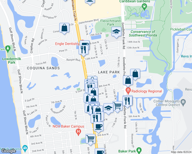 map of restaurants, bars, coffee shops, grocery stores, and more near 940 10th Street North in Naples