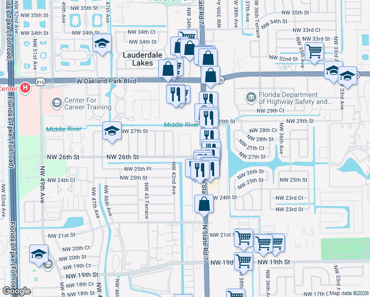 map of restaurants, bars, coffee shops, grocery stores, and more near 4101 Northwest 26th Street in Lauderhill