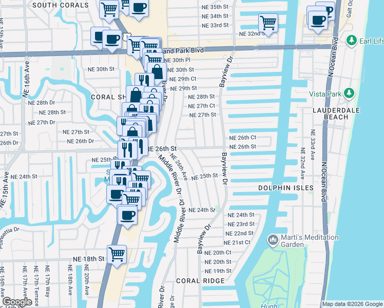 map of restaurants, bars, coffee shops, grocery stores, and more near 2657 Northeast 26th Street in Fort Lauderdale