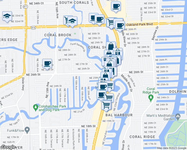 map of restaurants, bars, coffee shops, grocery stores, and more near 2113 Northeast 26th Street in Wilton Manors