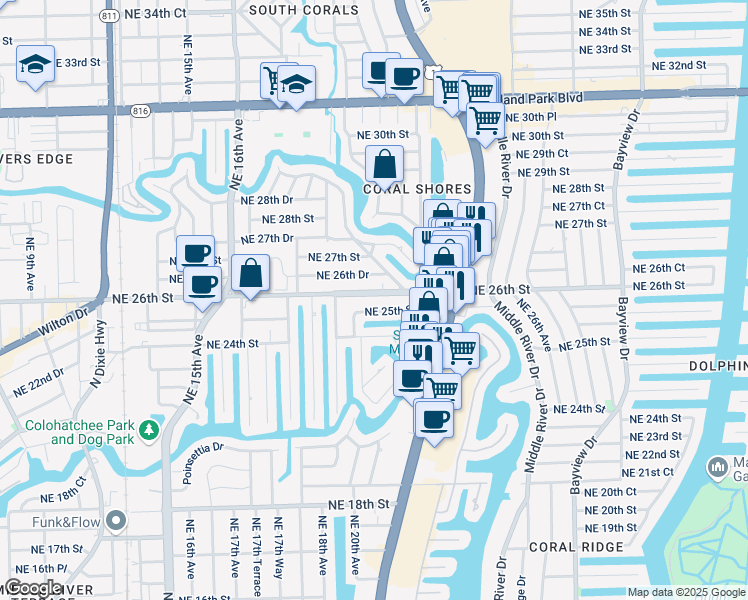 map of restaurants, bars, coffee shops, grocery stores, and more near 1933 Northeast 26th Street in Wilton Manors