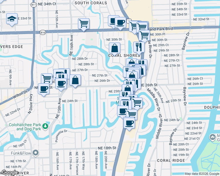 map of restaurants, bars, coffee shops, grocery stores, and more near 1933 Northeast 26th Street in Wilton Manors