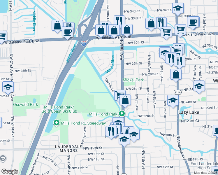 map of restaurants, bars, coffee shops, grocery stores, and more near 2623 Northwest 9th Terrace in Wilton Manors