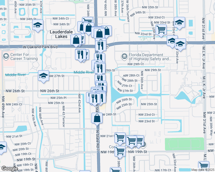 map of restaurants, bars, coffee shops, grocery stores, and more near 2700 Northwest 39th Way in Lauderdale Lakes
