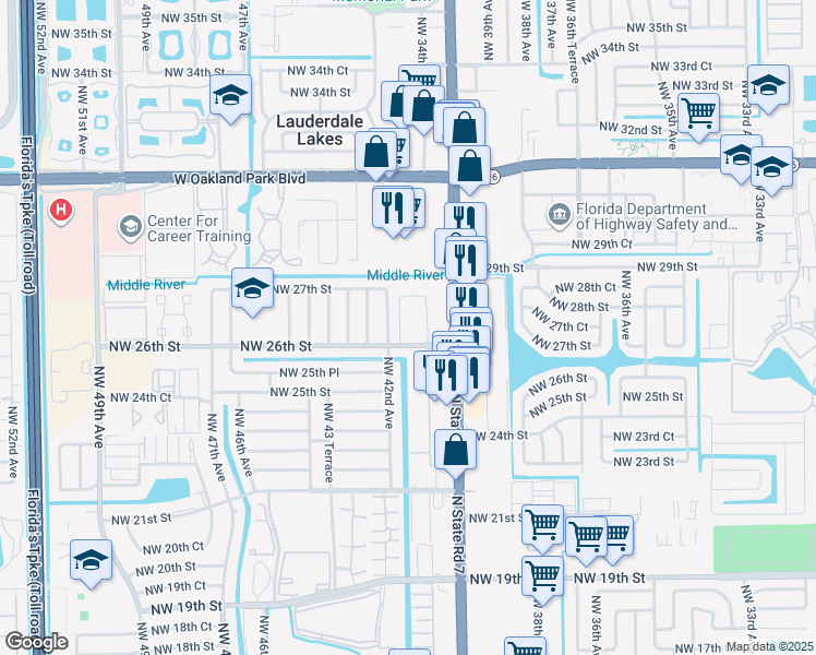 map of restaurants, bars, coffee shops, grocery stores, and more near 4161 Northwest 26th Street in Lauderhill