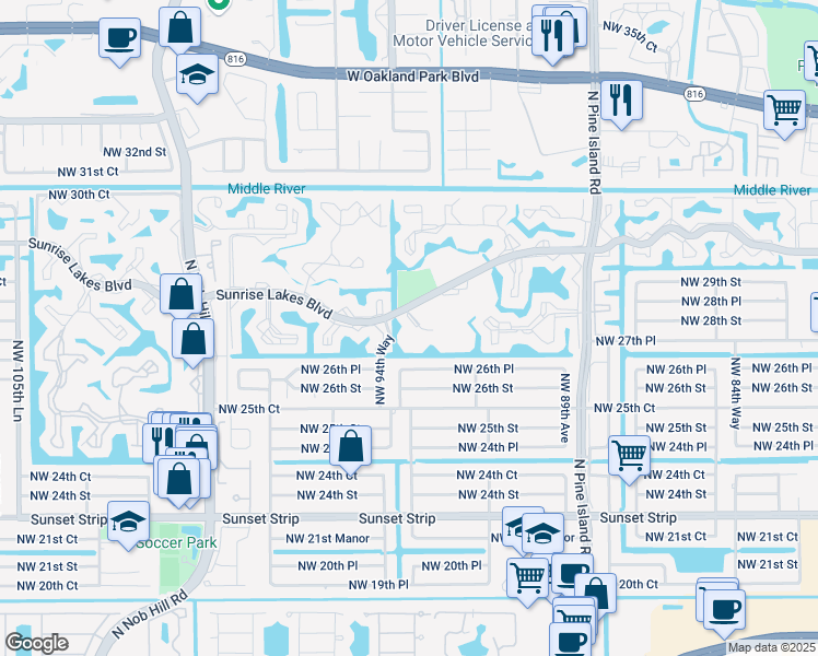 map of restaurants, bars, coffee shops, grocery stores, and more near 9380 Sunrise Lakes Boulevard in Sunrise