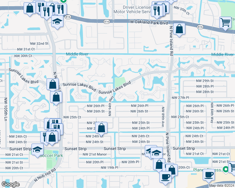map of restaurants, bars, coffee shops, grocery stores, and more near 9380 Sunrise Lakes Boulevard in Sunrise