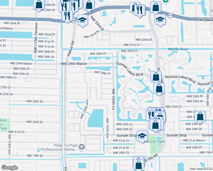 map of restaurants, bars, coffee shops, grocery stores, and more near 10701 Northwest 28th Place in Sunrise