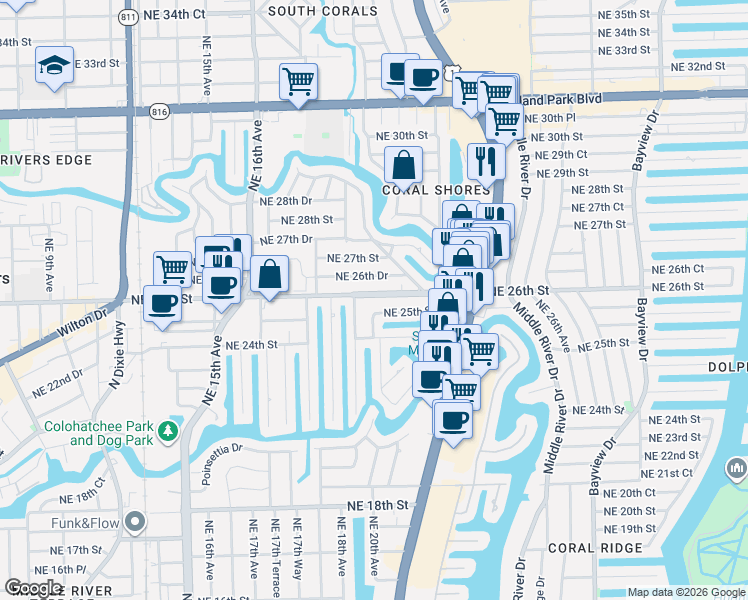 map of restaurants, bars, coffee shops, grocery stores, and more near 1933 Northeast 26th Street in Wilton Manors
