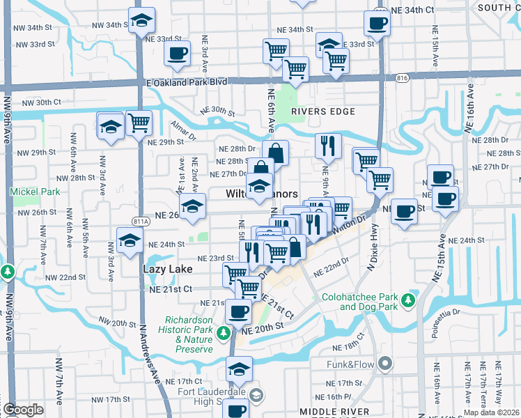 map of restaurants, bars, coffee shops, grocery stores, and more near 519 Northeast 26th Street in Wilton Manors