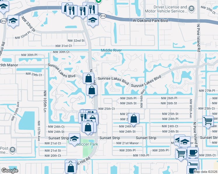 map of restaurants, bars, coffee shops, grocery stores, and more near 9850 Sunrise Lakes Boulevard in Fort Lauderdale