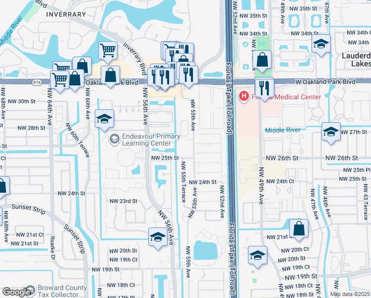 map of restaurants, bars, coffee shops, grocery stores, and more near 2599 Northwest 55th Avenue in Lauderhill