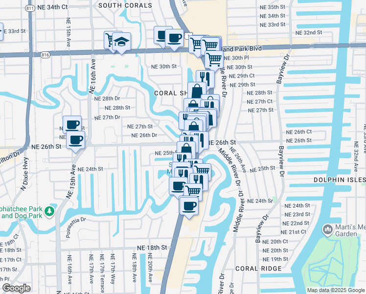 map of restaurants, bars, coffee shops, grocery stores, and more near 15 Northeast 26th Street in Wilton Manors